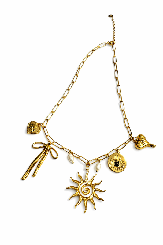 GOLDEN CELESTIAL CHARM STATEMENT NECKLACE