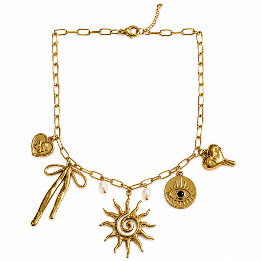 GOLDEN CELESTIAL CHARM STATEMENT NECKLACE